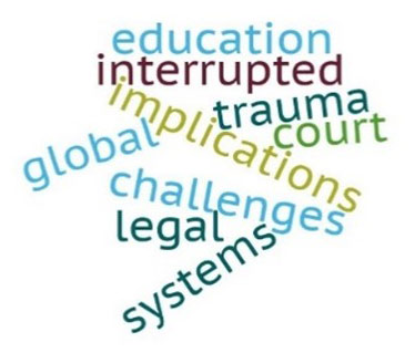 A 'wordcloud' showing the words 'education', 'interrupted', 'implications', 'trauma', 'court', 'global challenges', 'legal systems'